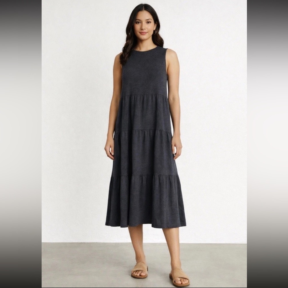Commune Flore Midnight Gray Women’s 100% Linen Tiered Knee Length  Dress Size S